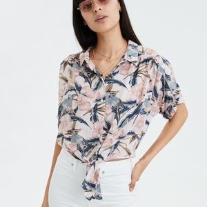 American Eagle Hawaiian Button-Down Tie-Front Top